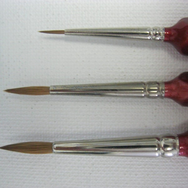 Set of 3--Pure Red Sable Artist Quality round Pointed Brushes #0-3-5 Made in Germany