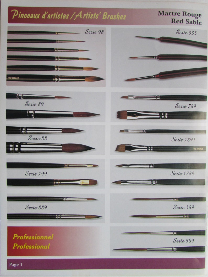 May include: A collection of paint brushes for artists, labeled with the series number and the type of brush. The brushes are arranged in rows, with the series number and type of brush listed below each row. The text at the top of the image reads "Pinceaux d'artistes/Artists' Brushes" and "Martre Rouge Red Sable".