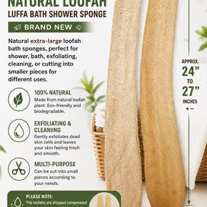 May include: Two extra-large natural loofah bath sponges, approximately 61 to 69 cm long. The beige sponges are made from natural loofah plant material, ideal for exfoliating and cleaning. The text on the image says "Brand New".