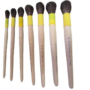 May include: Set of seven paint brushes with wooden handles and yellow ferrules. The brushes are labeled with sizes 2, 4, 6, 8, 10, 12, and 14. "ROC INT. CO. LTD. - MADE IN TAIWAN" is printed on the handle of the largest brush.