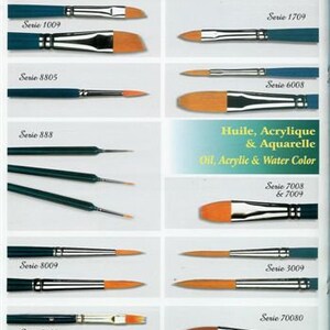 May include: Assortment of paint brushes with red, black, and silver handles. The brushes are labeled with the series number and the words "Martre Synth&eacute;tique Rouge" and "Synthetic Red Sable Hair". The text "Huile, Acrylique & Aquarelle" and "Oil, Acrylic & Water Color" are also visible.