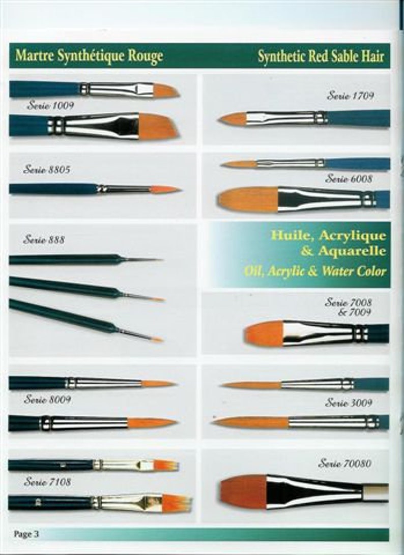 May include: Assortment of paint brushes with red, black, and silver handles. The brushes are labeled with the series number and the words "Martre Synth&eacute;tique Rouge" and "Synthetic Red Sable Hair". The text "Huile, Acrylique & Aquarelle" and "Oil, Acrylic & Water Color" are also visible.
