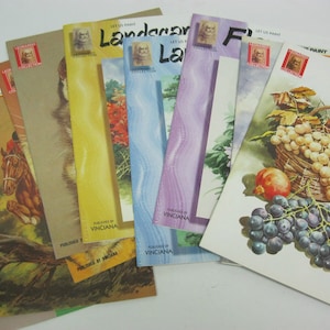 May include: A collection of eight vintage paint-by-number books with colorful covers featuring images of a horse, a landscape, a still life, and a floral arrangement. The books are all published by Vinciana and feature the text "Let Us Paint".