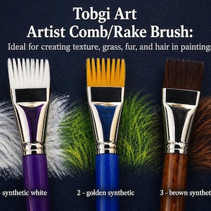 May include: Three artist comb or rake brushes labeled Tobgi Art. The brushes feature white, golden, and brown synthetic bristles with silver ferrules and purple, blue, and wood-grain handles, each creating distinct textured paint strokes.