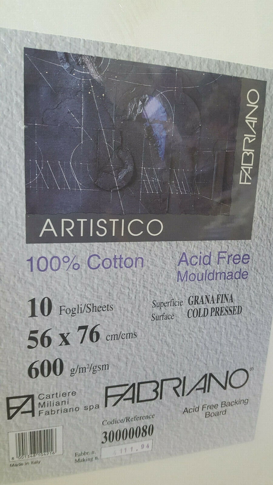 Fabriano Artistico Watercolor Paper 600gram 56x76cm Cold Press 10 Sheets 