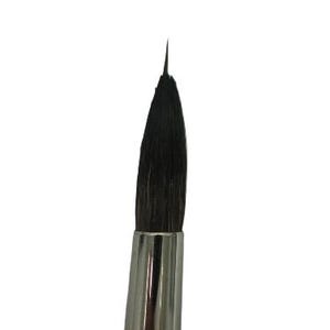 May include: A close-up of a black paint brush with a silver handle. The brush is pointed and has a fine tip.