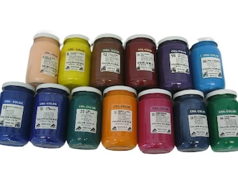 May include: A collection of 10 glass jars of acrylic paint in various colors, including red, blue, green, yellow, orange, brown, and purple. Each jar has a white label with the brand name "CRIL-COLOR" and a number.