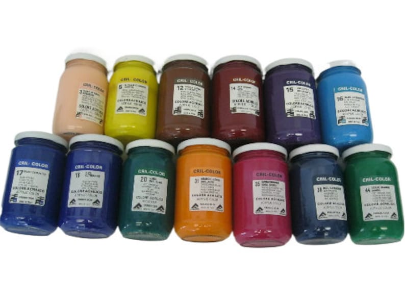 May include: A collection of 10 glass jars of acrylic paint in various colors, including red, blue, green, yellow, orange, brown, and purple. Each jar has a white label with the brand name "CRIL-COLOR" and a number.