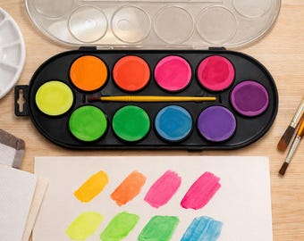 Watercolour Fluorescent Colors Tablets Set Plastic Box of 10 pcs x 40mm plus Brush  (Made in Italy)