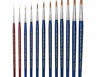 May include: A set of twelve artist paint brushes with brown bristles and clear plastic protective caps. The handles are dark blue or maroon with gold text including the brand name Sabeline, W. Germany, and size numbers ranging from 0 to 11.