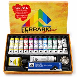 May include: A Van Dyck Ferrario oil paint set in a yellow box featuring a colorful triangular logo. The set includes twelve paint tubes, a bottle of linseed oil, a tube of white paint, a box of charcoal sticks, and a small metal cup.
