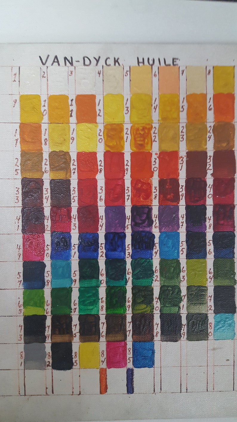Peut inclure: Un nuancier avec 85 cases num&eacute;rot&eacute;es de peinture, chacune montrant une nuance de couleur diff&eacute;rente. Le nuancier est intitul&eacute; "VAN-DYCK HUILE".