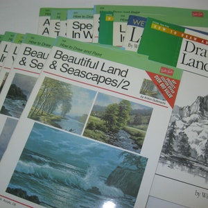 May include: A collection of art instruction books with titles like "How to Draw and Paint Beautiful Land & Seascapes" and "Drawing Landscapes." The covers feature landscape paintings and drawings, with green and white accents.