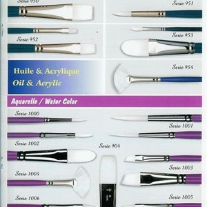 May include: A selection of paint brushes with white bristles and different handle colors. The brushes are labeled with the series number and the type of paint they are designed for, including oil and acrylic, watercolor, and synthetic white.