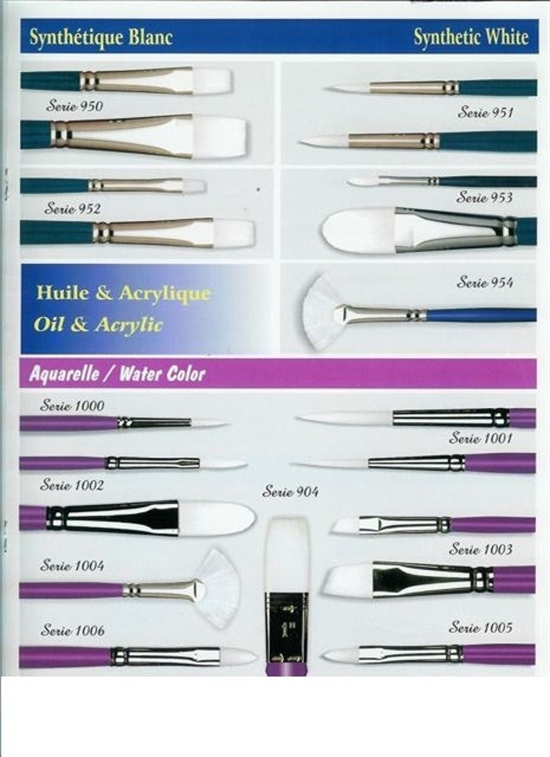 May include: A selection of paint brushes with white bristles and different handle colors. The brushes are labeled with the series number and the type of paint they are designed for, including oil and acrylic, watercolor, and synthetic white.