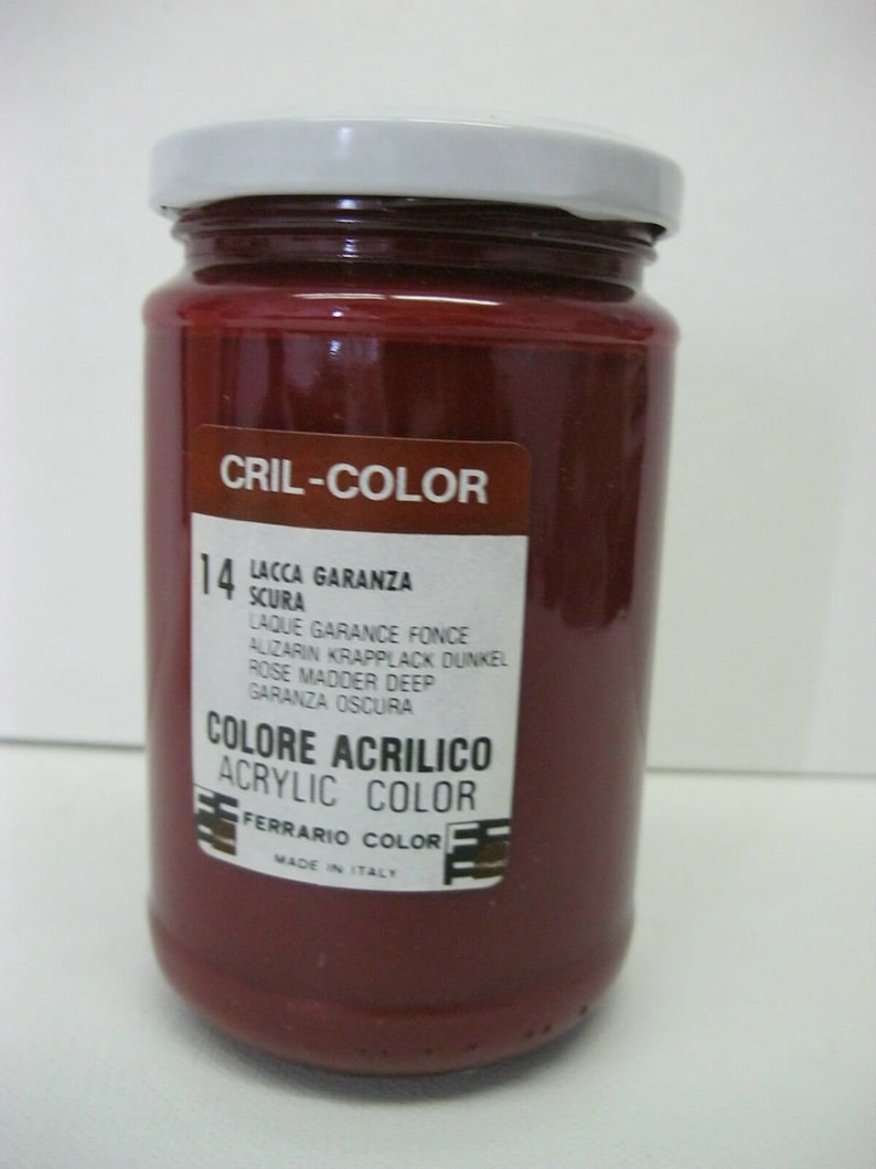 May include: A glass jar of red acrylic paint labeled "Cril-Color 14 Lacca Garanza Scura". The label also includes the text "Colore acrilico Acrylic Color" and "Ferrario Color Made in Italy".
