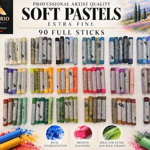 May include: A set of 90 Ferrario professional artist quality soft pastel sticks in various colours. The packaging features the text 'PROFESSIONAL ARTIST QUALITY SOFT PASTELS EXTRA FINE 90 FULL STICKS' and 'MADE IN ITALY'.
