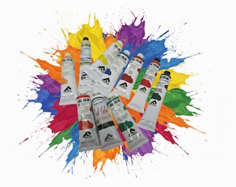 May include: A collection of ten metal paint tubes labeled Oil Color, arranged over a vibrant, multi-colored paint splatter background. The tubes feature white labels with black text, black caps, and various colored paint swatches on the front.