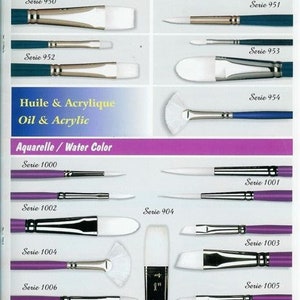 May include: A page from a paint brush catalog showing a variety of paint brushes for oil, acrylic, and watercolor painting. The brushes are arranged by series number and labeled with the French and English names for each type of paint. The page number is 4.