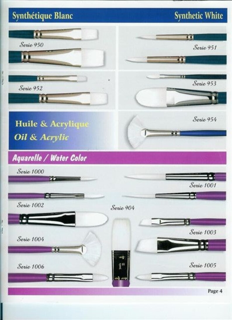 May include: A page from a paint brush catalog showing a variety of paint brushes for oil, acrylic, and watercolor painting. The brushes are arranged by series number and labeled with the French and English names for each type of paint. The page number is 4.