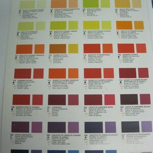May include: A color chart with 130 different paint colors, each with a name and a number. The colors are arranged in rows and columns, and the chart is printed on a white background. The chart is labeled "Colori ad olio extrafini" which translates to "Extra fine oil colors".