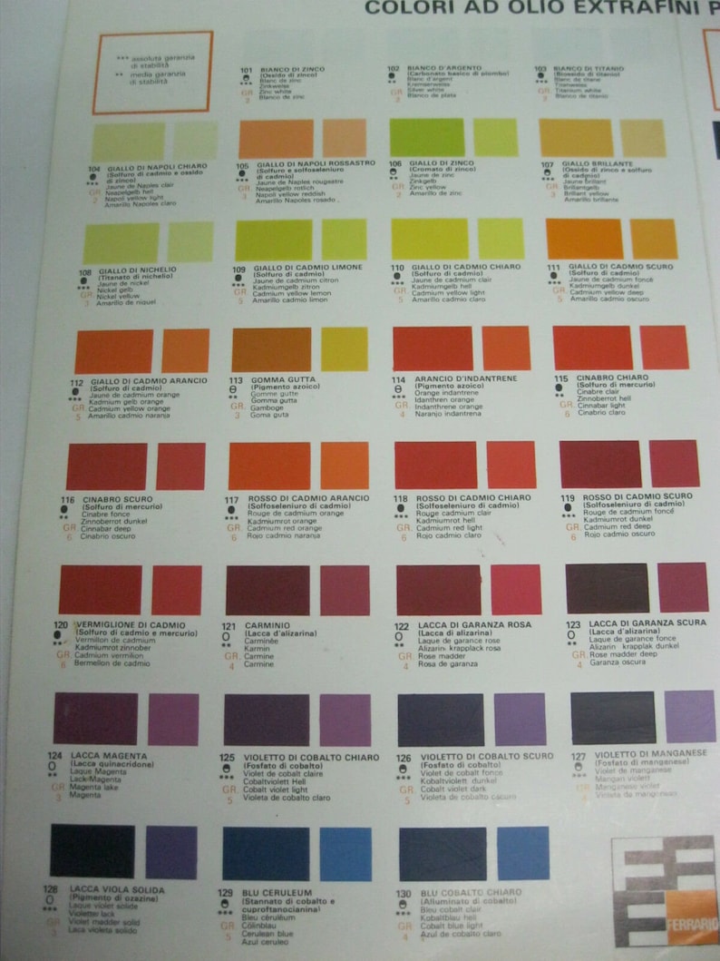 May include: A color chart with 130 different paint colors, each with a name and a number. The colors are arranged in rows and columns, and the chart is printed on a white background. The chart is labeled "Colori ad olio extrafini" which translates to "Extra fine oil colors".