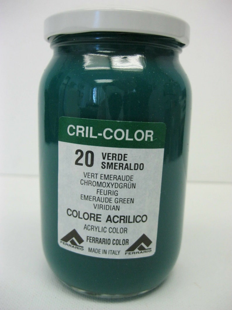 May include: A glass jar of green acrylic paint labeled "Cril-Color 20 Verde Smeraldo". The label also includes the names for the color in French, German, English, and Italian. The jar is labeled "Colore Acrylico" and "Acrylic Color" and "Ferrario Color" with the words "Made in Italy".