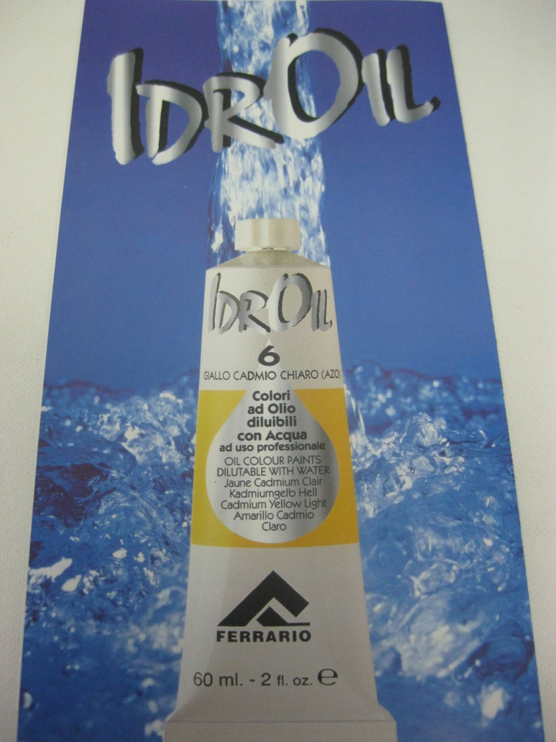 May include: A 60 ml tube of Idroil water dilutable oil paint in the color Cadmium Yellow Light. The tube is labeled with the brand name Ferrario and the color name in Italian, English, French, and German.