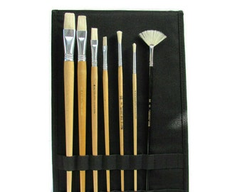 Artist Paint Brush Set White Bristle Hair 7pcs for Oil-Acrylic Long handle with Brush Case