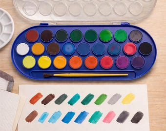 Watercolour Paint Set Plastic Box of 22 pcs  Tablets 30mm plus Brush  (Made in Italy)