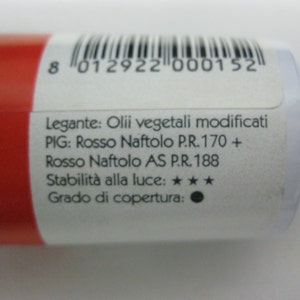 May include: A white tube of red paint with a label that reads "Legante: Olii vegetali modificati PIG: Rosso Naftolo P.R.170 + Rosso Naftolo AS P.R.188 Stabilit&agrave; alla luce: ★★★ Grado di copertura: ".