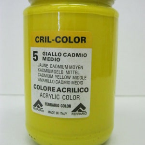May include: A yellow acrylic paint jar labeled "Cril-Color" with the number 5 and the text "Giallo Cadmio Medio". The jar also includes the text "Colore Acrylico" and "Acrylic Color" in black text. The label also includes the text "Ferrario Color" and "Made in Italy".