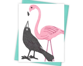 Pink Flamingo grackle card – Letterpress card with bird and flamingo lawn decoration – Original block print notecard
