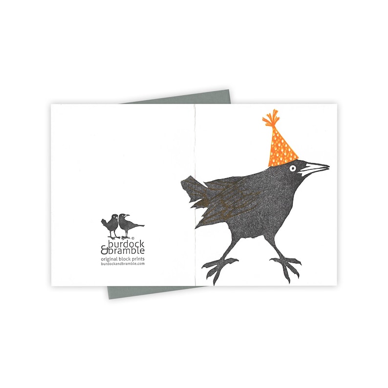 Wingding grackle card Birthday letterpress card with bird in orange party hat Original block print notecard image 2