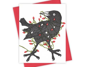 Tangled grackle card – Holiday letterpress card with bird and string of lights – Original block print notecard