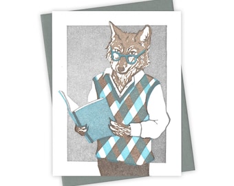 Light Reading coyote card – Letterpress greeting card with coyote in reading glasses – Original block print notecard