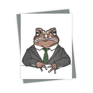 Tonight at Ten Toad card – Letterpress card with toad at desk – Original block print notecard