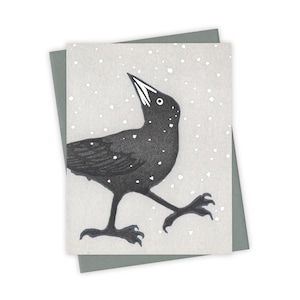 Flurry grackle card – Winter letterpress card with bird in the snow – Original block print notecard