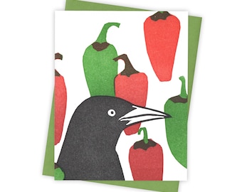 Pick-a-Pepper grackle card – Letterpress greeting card with bird and many peppers – Original block print notecard