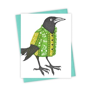 Favorite Shirt grackle card – Letterpress card with bird wearing a floral shirt – Original block print notecard