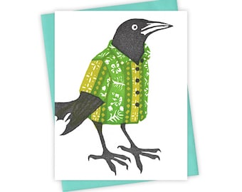 Favorite Shirt grackle card – Letterpress card with bird wearing a floral shirt – Original block print notecard