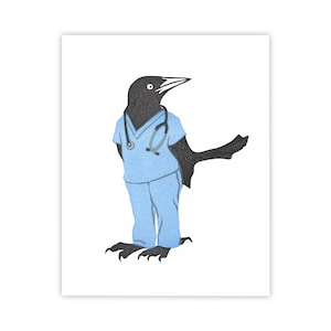 Resident grackle – 8x10 original block print with bird in blue scrubs