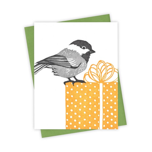 Pretty Present chickadee card – Letterpress greeting card with songbird and gift – Original block print notecard
