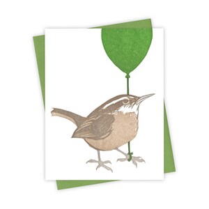 Green Balloon wren card – Letterpress greeting card with songbird and balloon – Original block print notecard