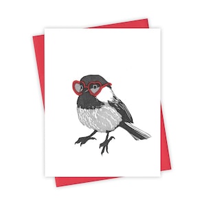 Yours Truly chickadee card – Letterpress greeting card with songbird in heart glasses – Original block print notecard