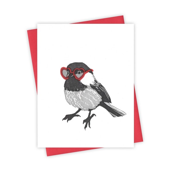 Yours Truly chickadee card – Letterpress greeting card with songbird in heart glasses – Original block print notecard