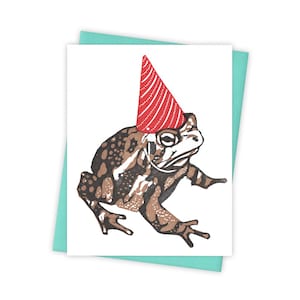 Party Animal Toad card – Letterpress card with toad in birthday hat – Original block print notecard