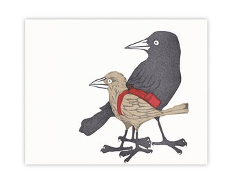 First Day grackle – 8x10 original block print with parent and child bird