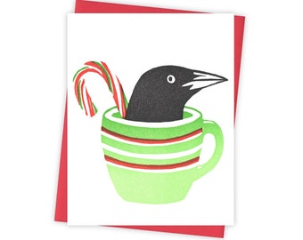 Holiday Cheer grackle card – Christmas letterpress card with bird and festive drink – Original block print notecard