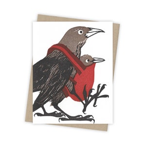 Tarjeta con un grackle para llevar a su bebé – Tarjeta de felicitación impresa con una madre y su cría – Tarjeta original con impresión en bloque